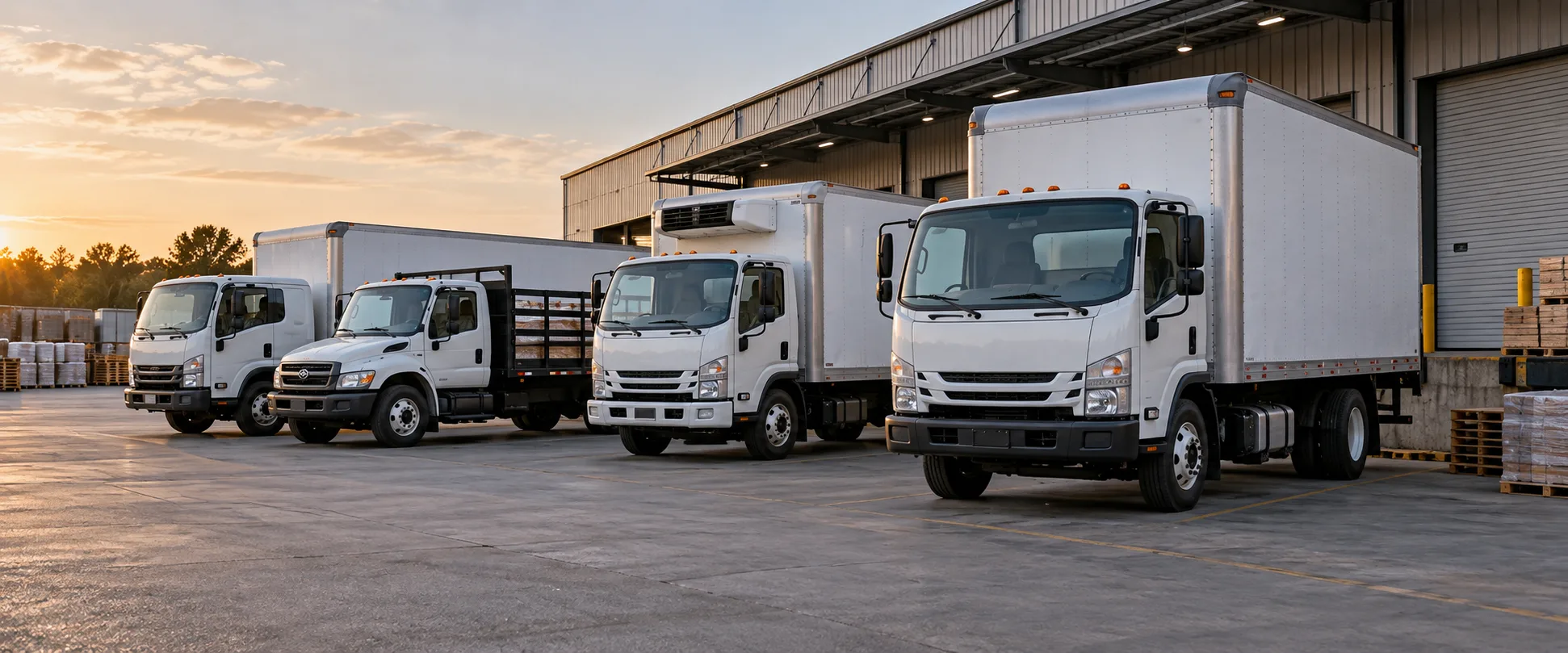 Illustrative medium-duty trucks parked at a distribution yard.
