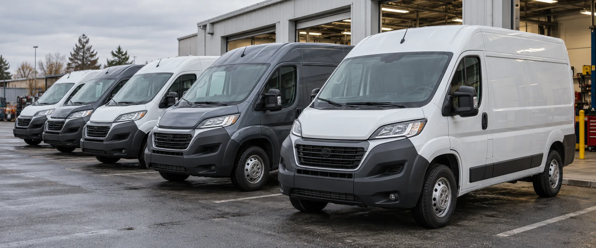 Illustrative commercial service vans parked at a maintenance depot.